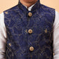 Boy's Navy Blue Nehru Jacket With White Kurta And Pyjama Set