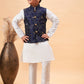 Boy's Navy Blue Nehru Jacket With White Kurta And Pyjama Set