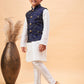 Boy's Navy Blue Nehru Jacket With White Kurta And Pyjama Set