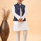 Boy's Navy Blue Nehru Jacket With White Kurta And Pyjama Set