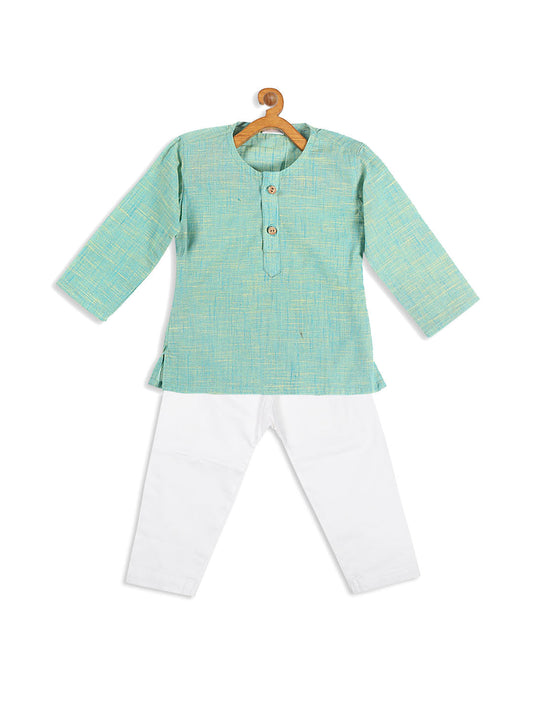 Boys' parrot green cotton kurta with white pyjama set, view 3