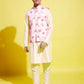 Boy's Peach Floral Printed Nehru Jacket With Cream Kurta And Pyjama Set