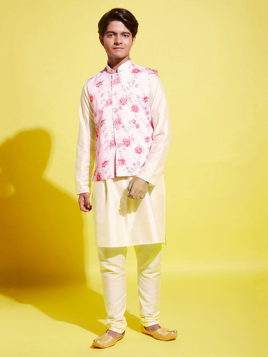 Boy's Peach Floral Printed Nehru Jacket With Cream Kurta And Pyjama Set