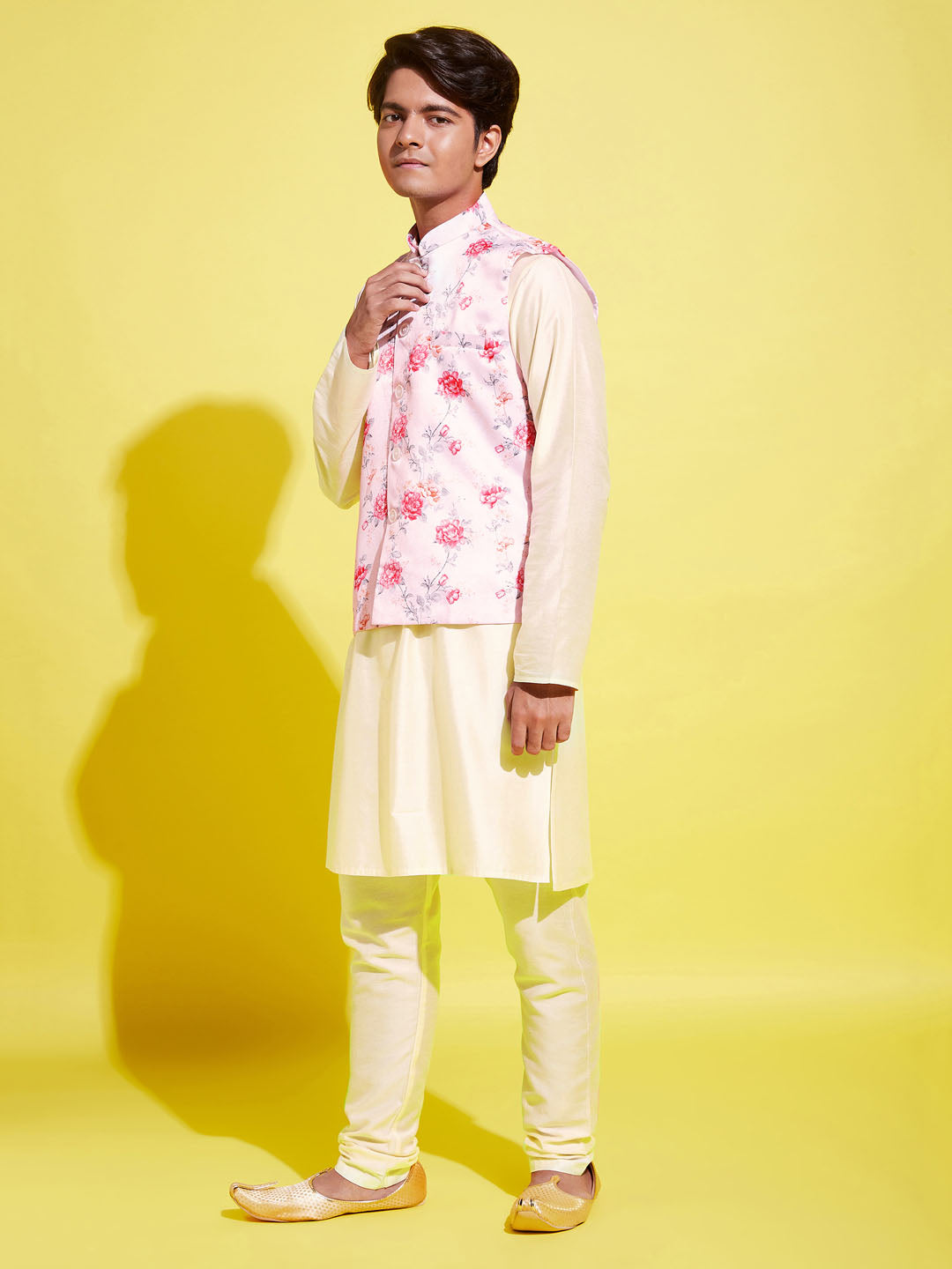 Boy's Peach Floral Printed Nehru Jacket With Cream Kurta And Pyjama Set