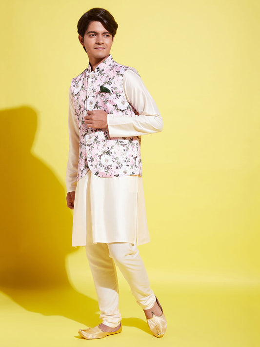 Boy's Pink Floral Printed Nehru Jacket With Cream Kurta And Pyjama Set