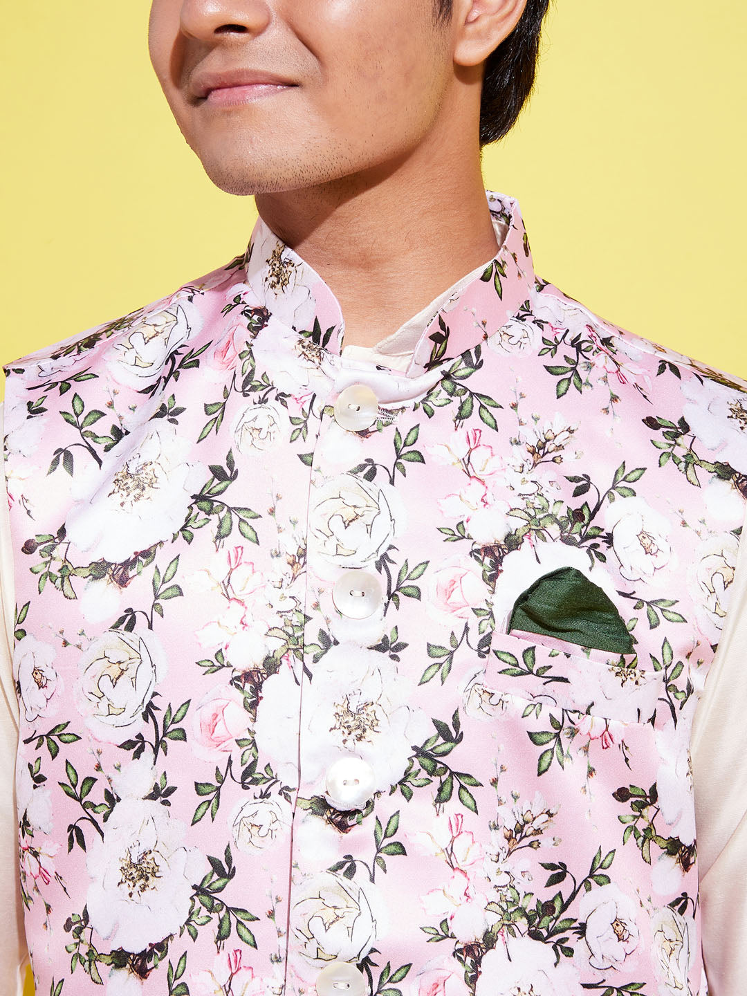 Boy's Pink Floral Printed Nehru Jacket With Cream Kurta And Pyjama Set