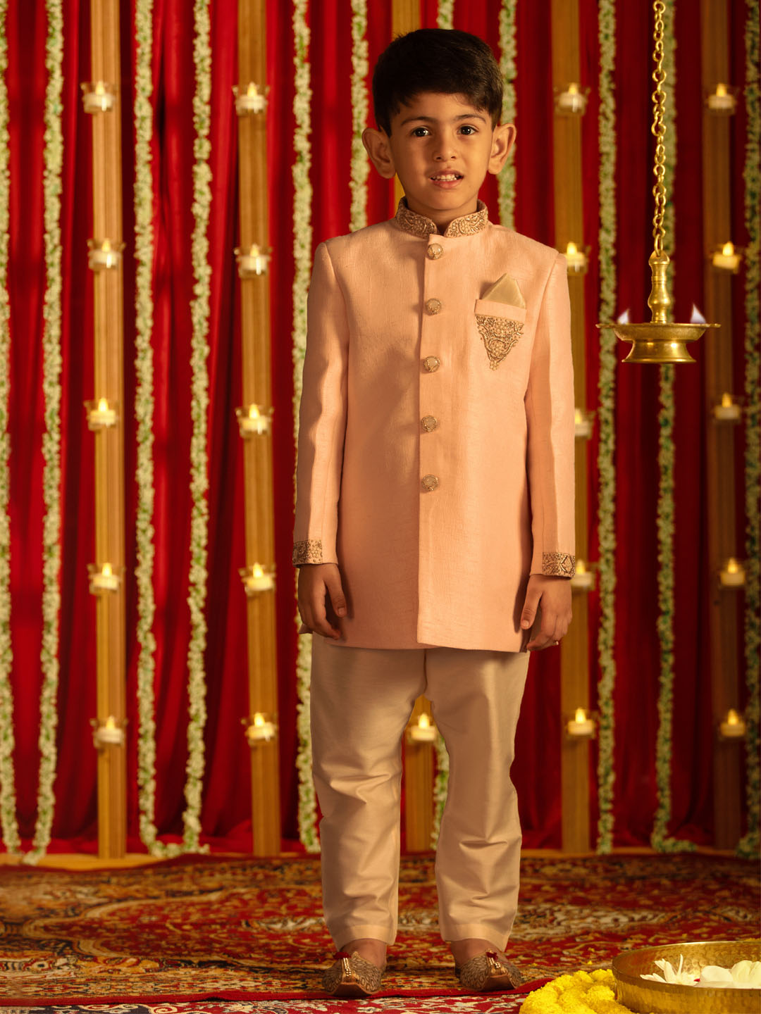 Boy's' Pink Silk Blend Solid Sherwani Set
