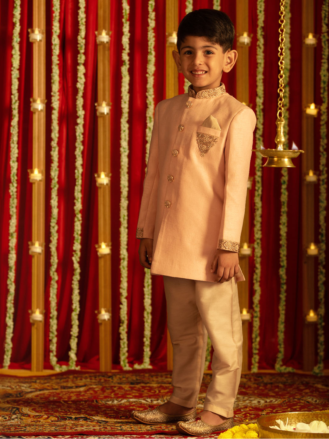Boy's' Pink Silk Blend Solid Sherwani Set