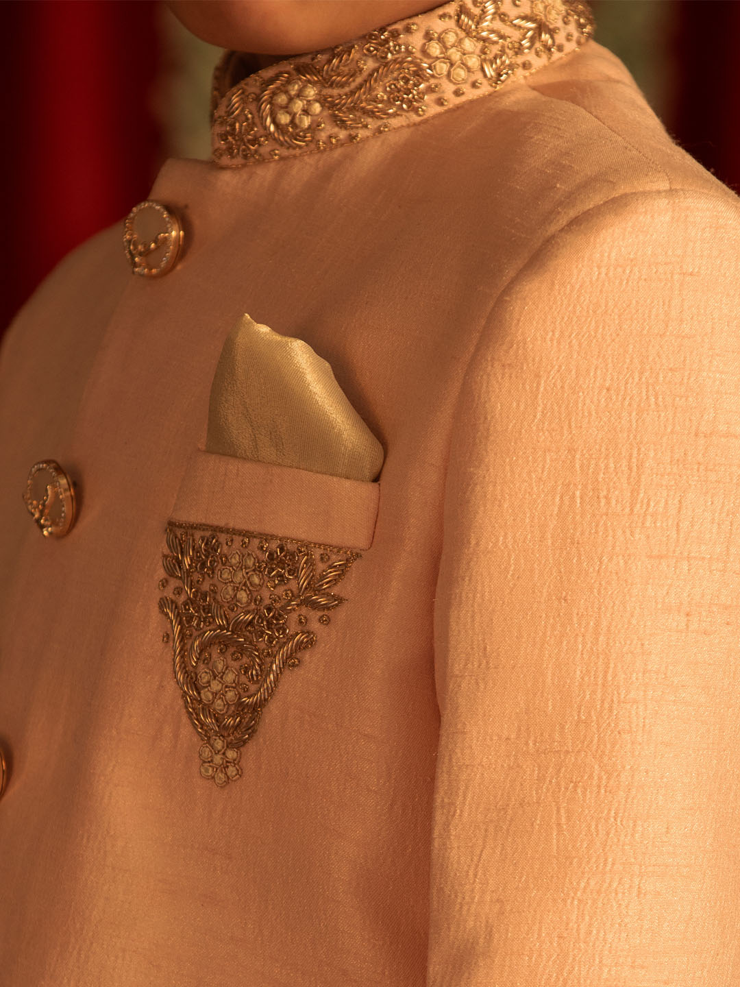 Boy's' Pink Silk Blend Solid Sherwani Set