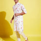 Boy's Printed Cream Cotton Blend Kurta And Pyjama Set