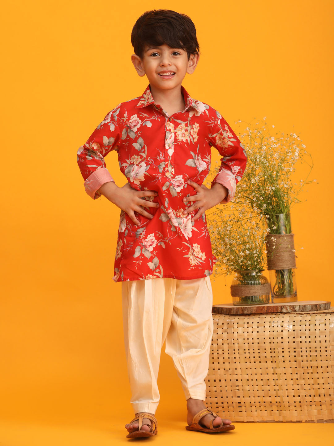 Boy's Red Floral Printed Kurta With Cream Solid Pyjama Set