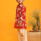 Boy's Red Floral Printed Kurta With Cream Solid Pyjama Set