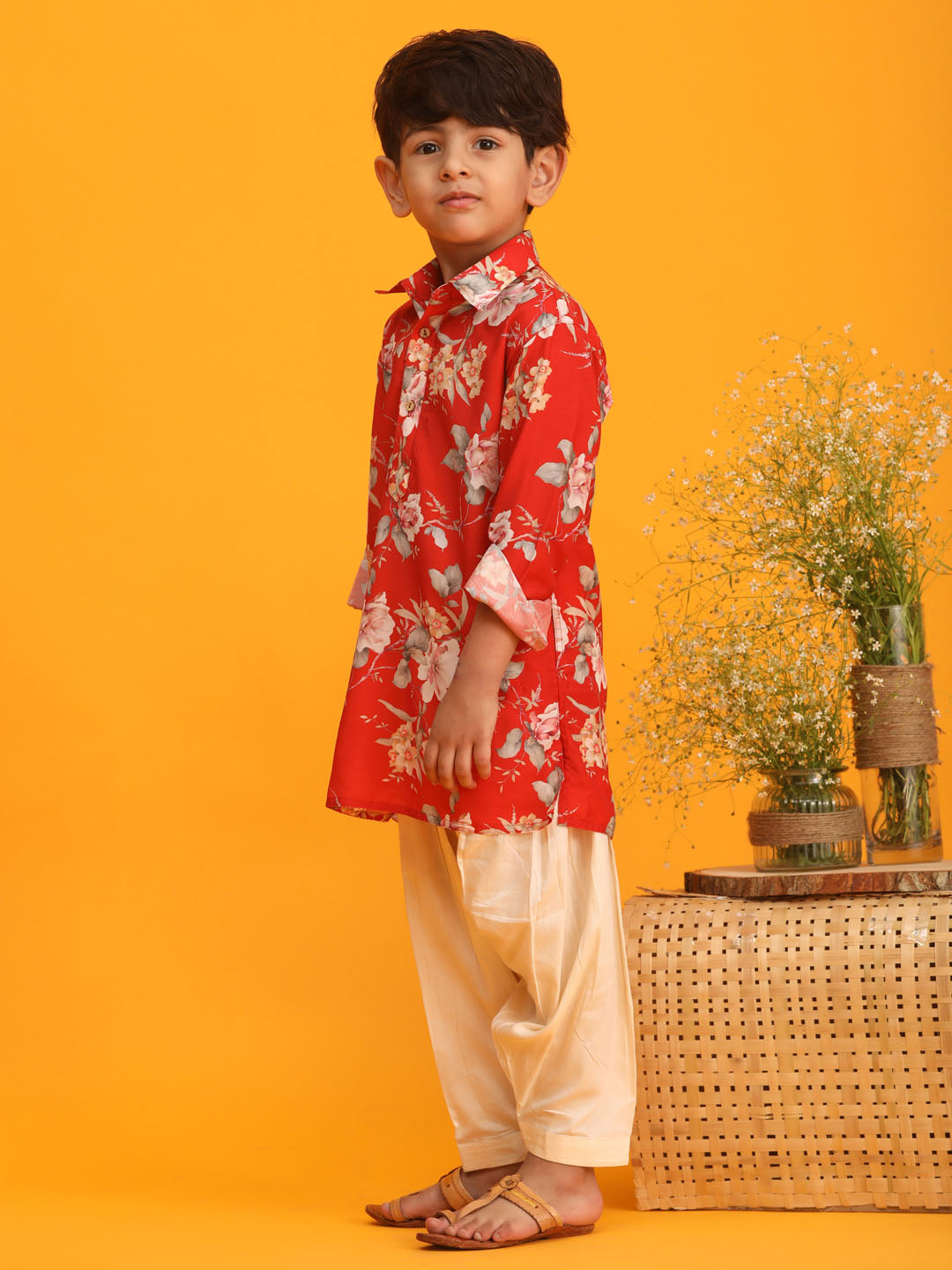 Boy's Red Floral Printed Kurta With Cream Solid Pyjama Set