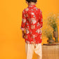 Boy's Red Floral Printed Kurta With Cream Solid Pyjama Set