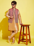 Boy's' Rose Gold Silk Blend Kurt Pyjama And Maroon Nehru Jacket Set