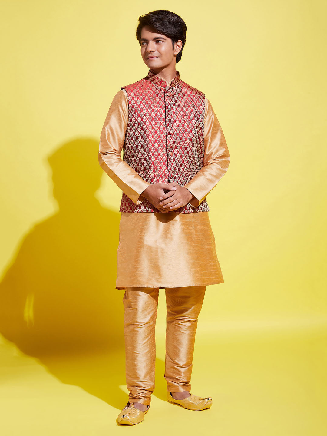 Boy's' Rose Gold Silk Blend Kurt Pyjama And Maroon Nehru Jacket Set