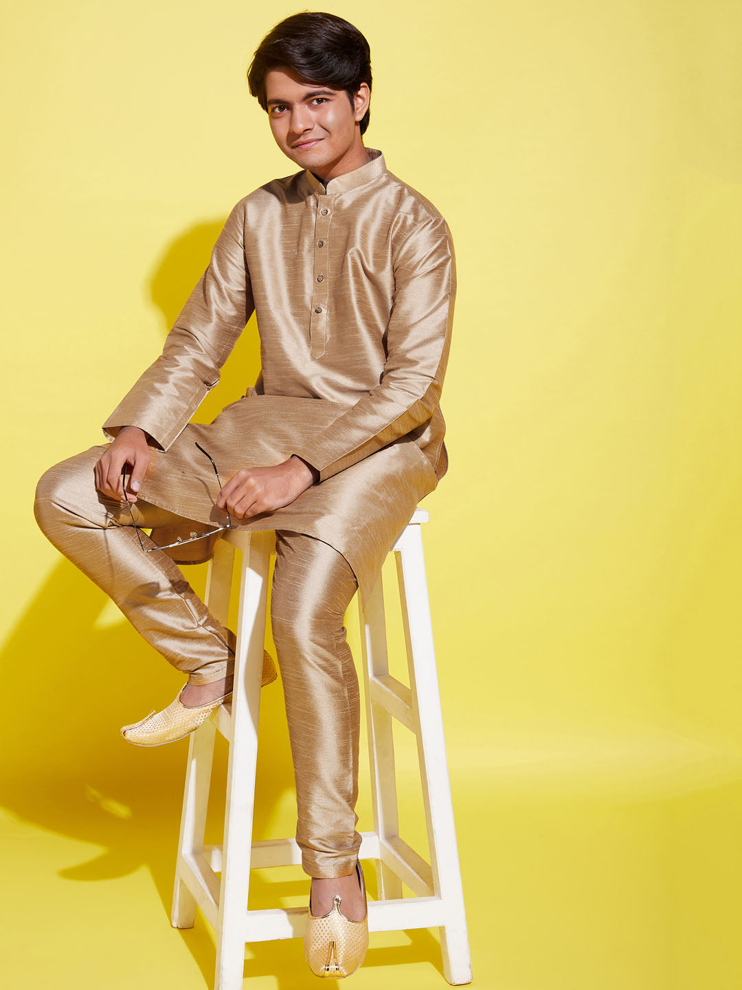 Boy's' Rose Gold Silk Blend Kurta And Pyjama Set