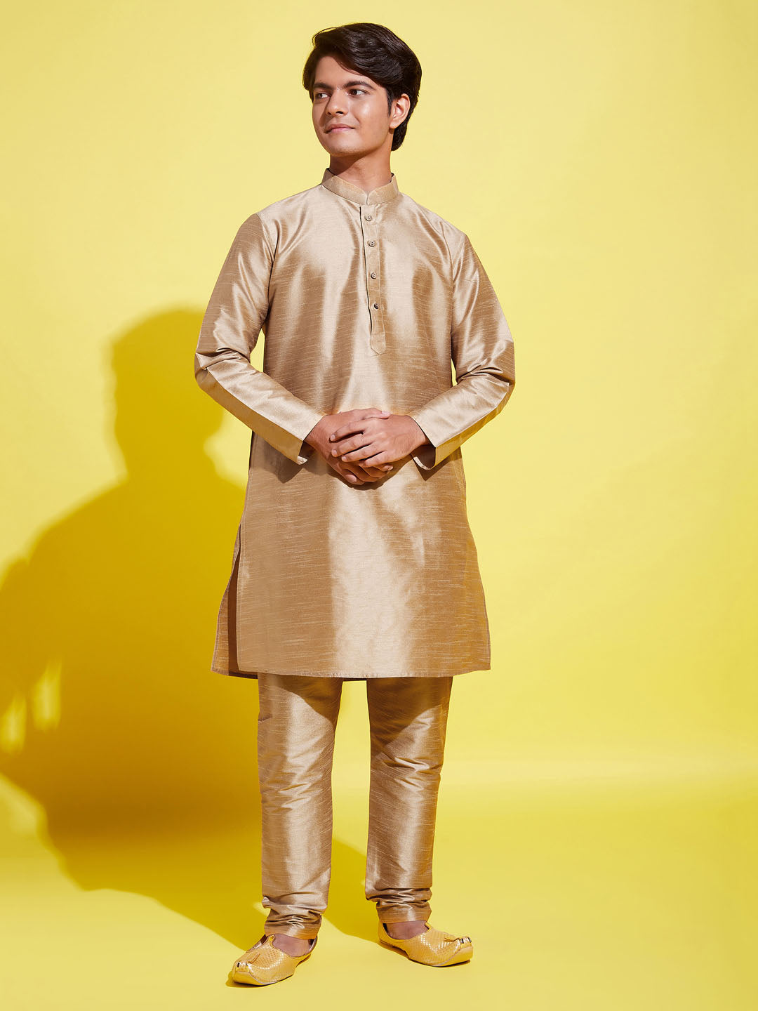 Boy's' Rose Gold Silk Blend Kurta And Pyjama Set