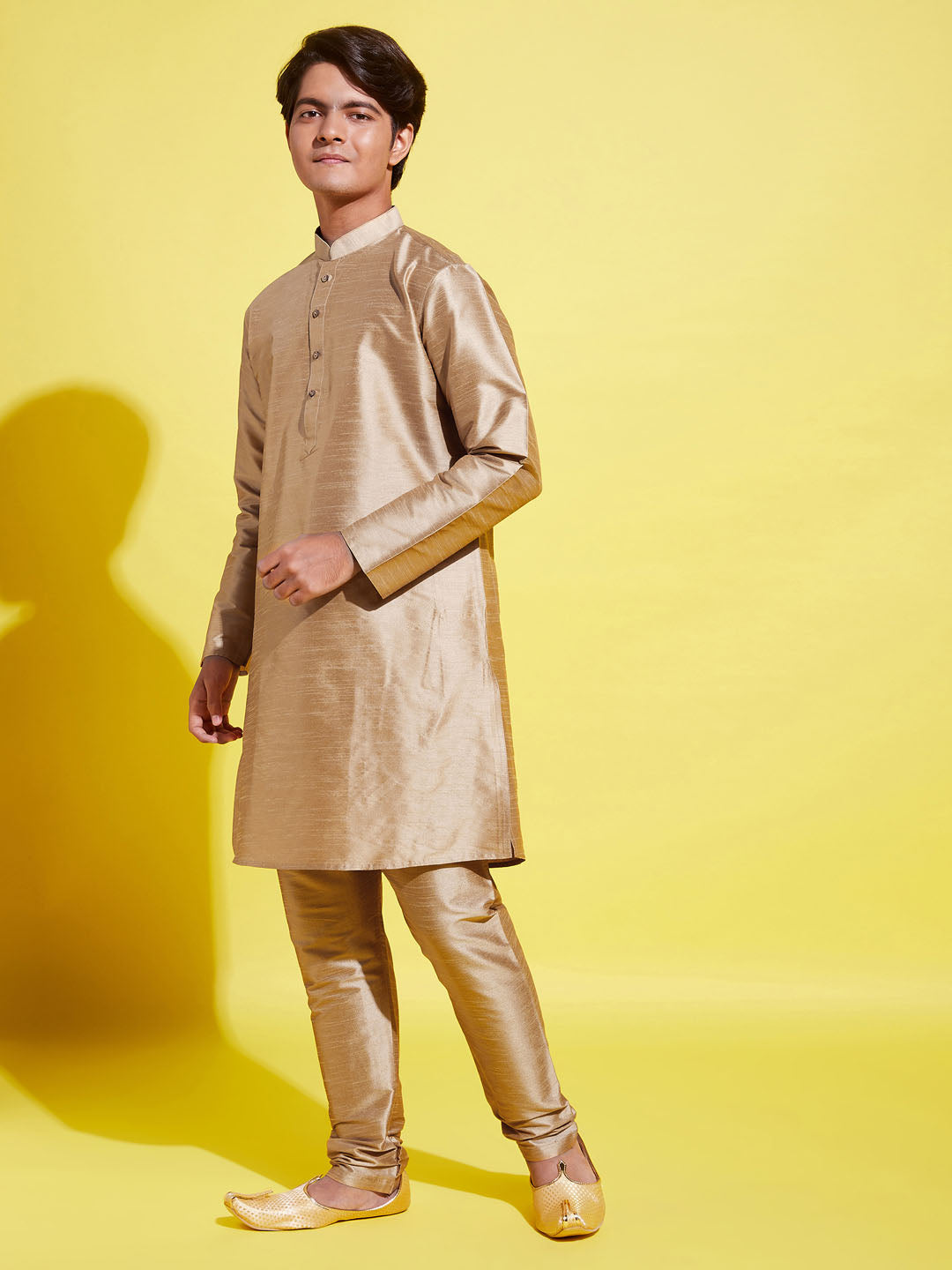 Boy's' Rose Gold Silk Blend Kurta And Pyjama Set