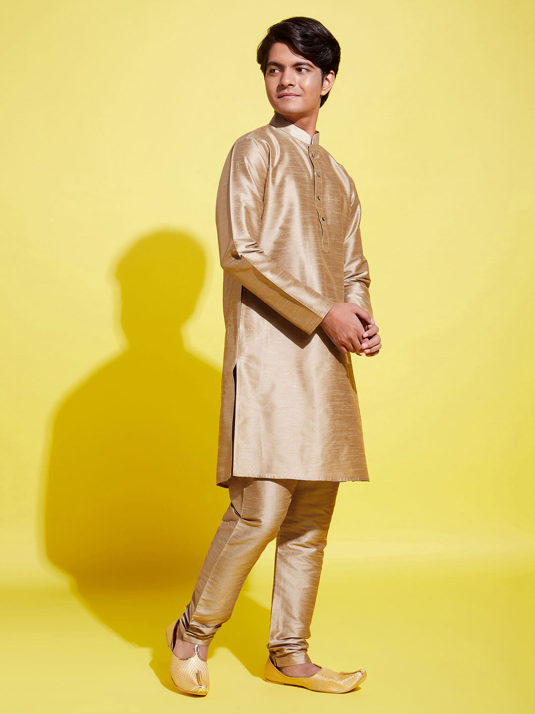 Boy's' Rose Gold Silk Blend Kurta And Pyjama Set