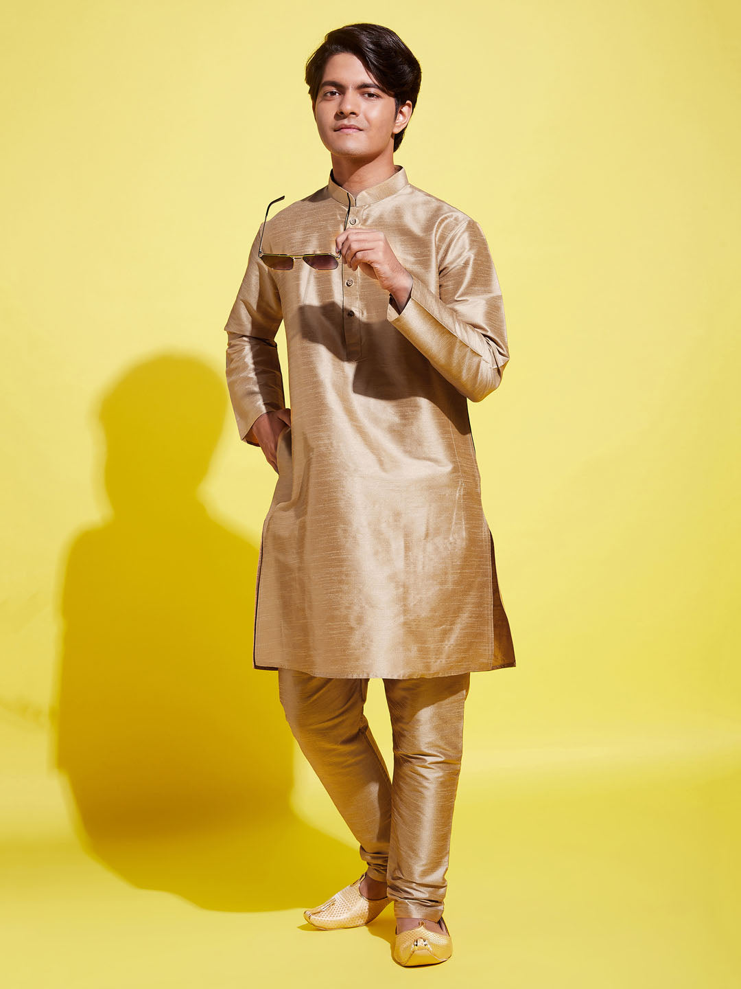 Boy's' Rose Gold Silk Blend Kurta And Pyjama Set