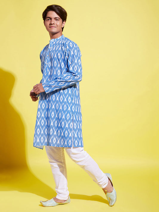 Boy's Traditional Ikkat Print Flat Collar Kurta And Pyjama Set