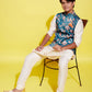 Boy's Turquoise Blue & Green Printed Nehru Jacket With Cream Kurta And Pyjama Set