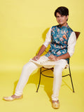 Boy's Turquoise Blue & Green Printed Nehru Jacket With Cream Kurta And Pyjama Set