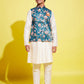 Boy's Turquoise Blue & Green Printed Nehru Jacket With Cream Kurta And Pyjama Set