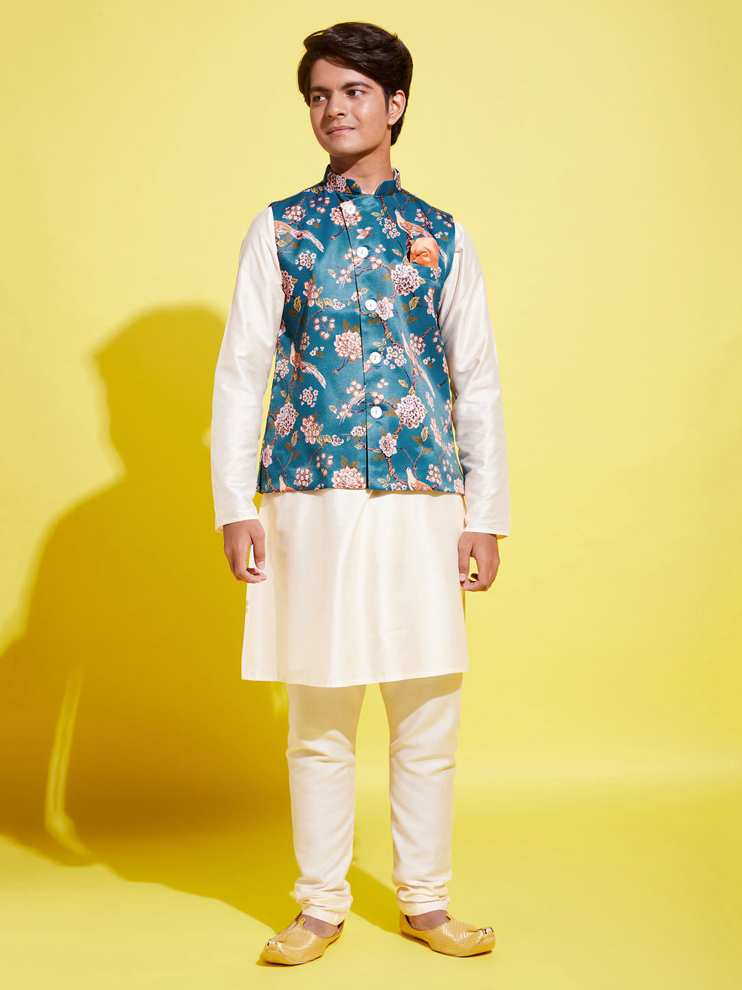 Boy's Turquoise Blue & Green Printed Nehru Jacket With Cream Kurta And Pyjama Set