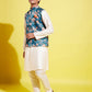 Boy's Turquoise Blue & Green Printed Nehru Jacket With Cream Kurta And Pyjama Set
