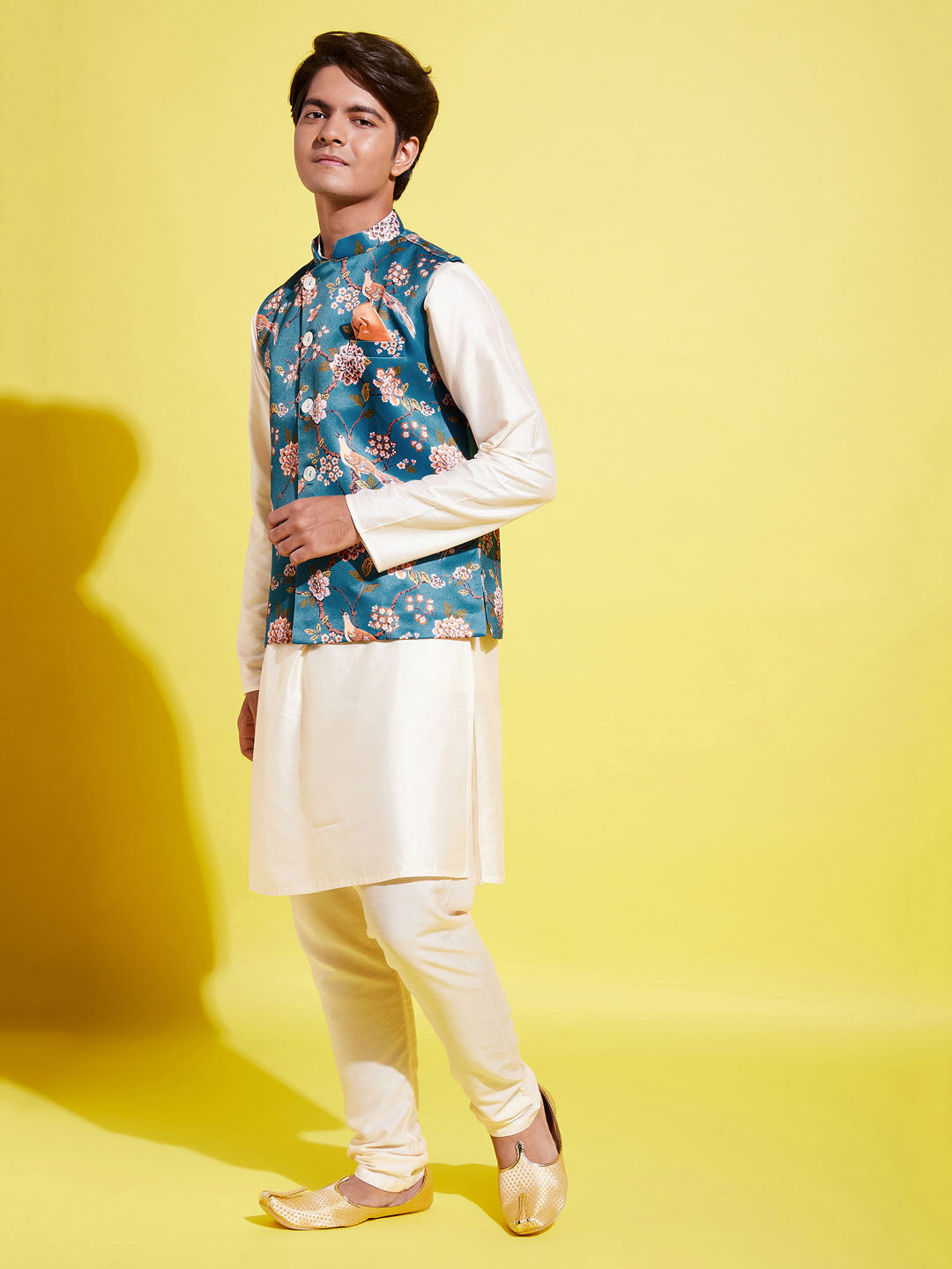 Boy's Turquoise Blue & Green Printed Nehru Jacket With Cream Kurta And Pyjama Set