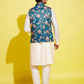 Boy's Turquoise Blue & Green Printed Nehru Jacket With Cream Kurta And Pyjama Set