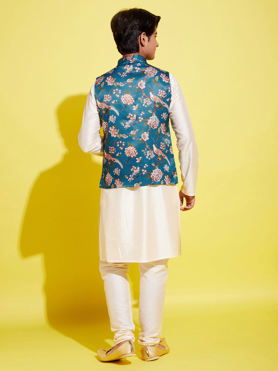 Boy's Turquoise Blue & Green Printed Nehru Jacket With Cream Kurta And Pyjama Set