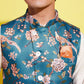 Boy's Turquoise Blue & Green Printed Nehru Jacket With Cream Kurta And Pyjama Set