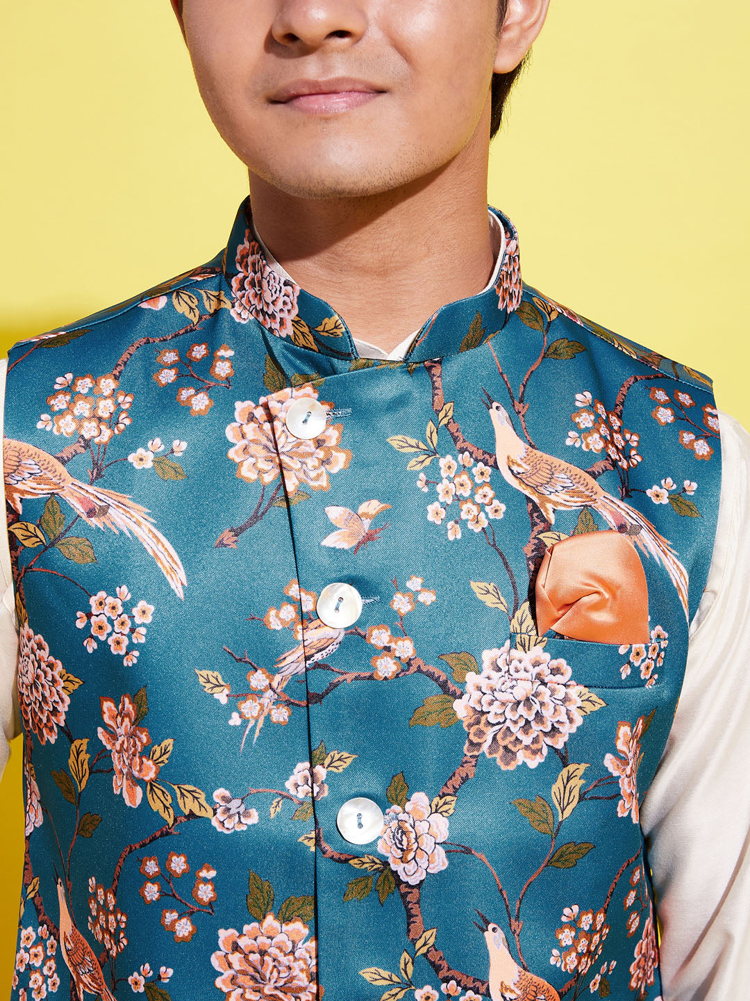 Boy's Turquoise Blue & Green Printed Nehru Jacket With Cream Kurta And Pyjama Set