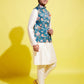 Boy's Turquoise Blue & Green Printed Nehru Jacket With Cream Kurta And Pyjama Set