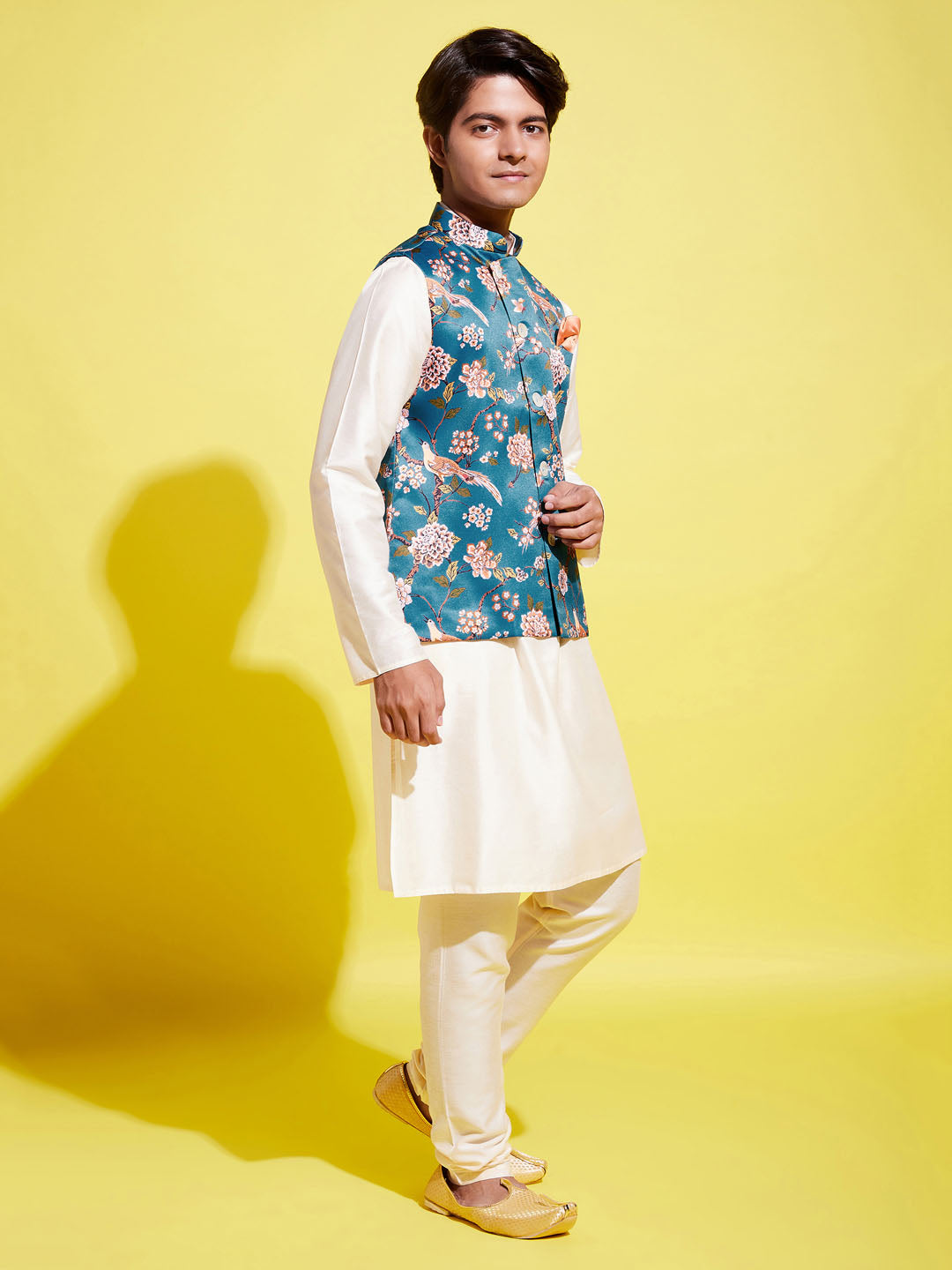 Boy's Turquoise Blue & Green Printed Nehru Jacket With Cream Kurta And Pyjama Set