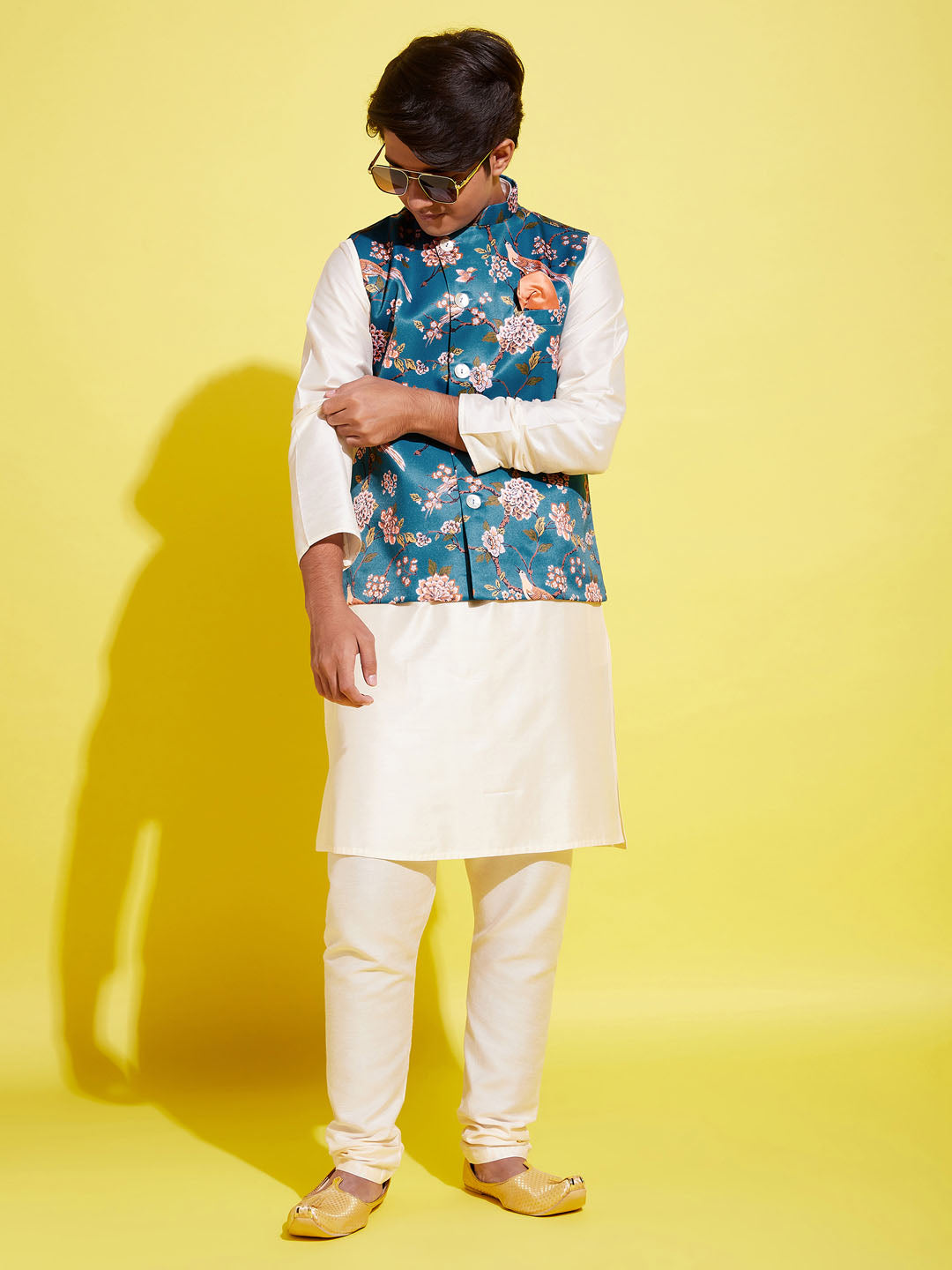 Boy's Turquoise Blue & Green Printed Nehru Jacket With Cream Kurta And Pyjama Set