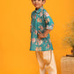 Boy's Turquoise Floral Printed Kurta With Cream Solid Pyjama Set