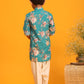 Boy's Turquoise Floral Printed Kurta With Cream Solid Pyjama Set