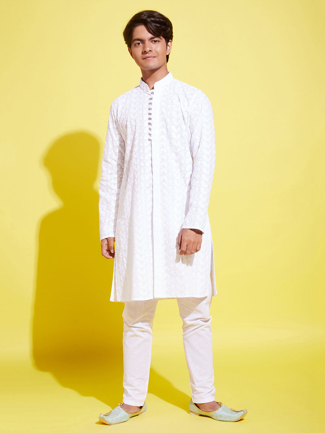 Boy's White Embroidered Kurta With Pyjama Set