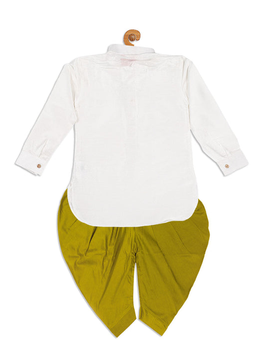 Boy's White & Light Green Kurta With Dhoti Pant Set