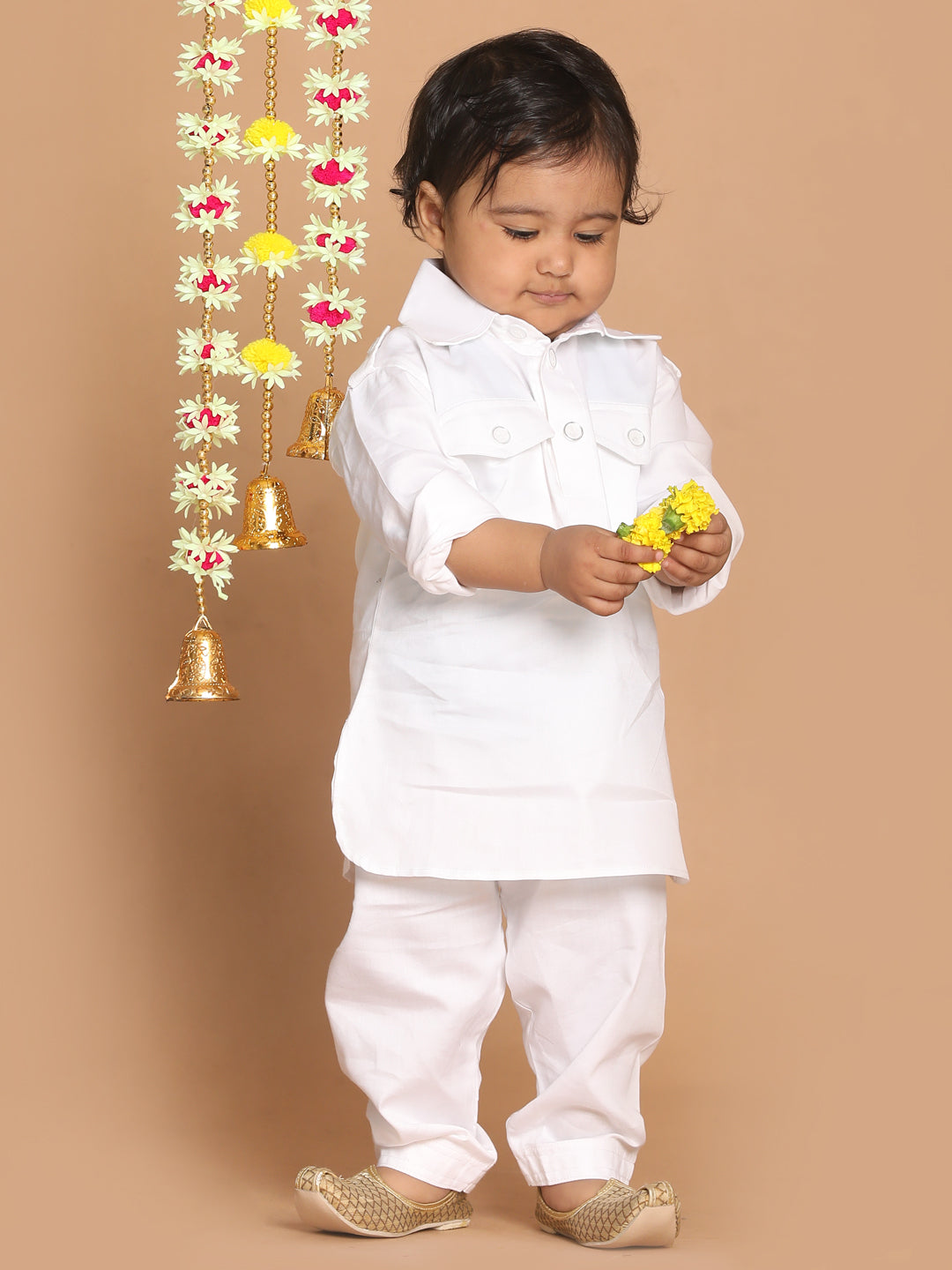Boy's White Pure Pathani Kurta With Pyjama Set