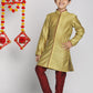 Boy's' Yellow And Maroon Jacquard Kurta Pyjama Set