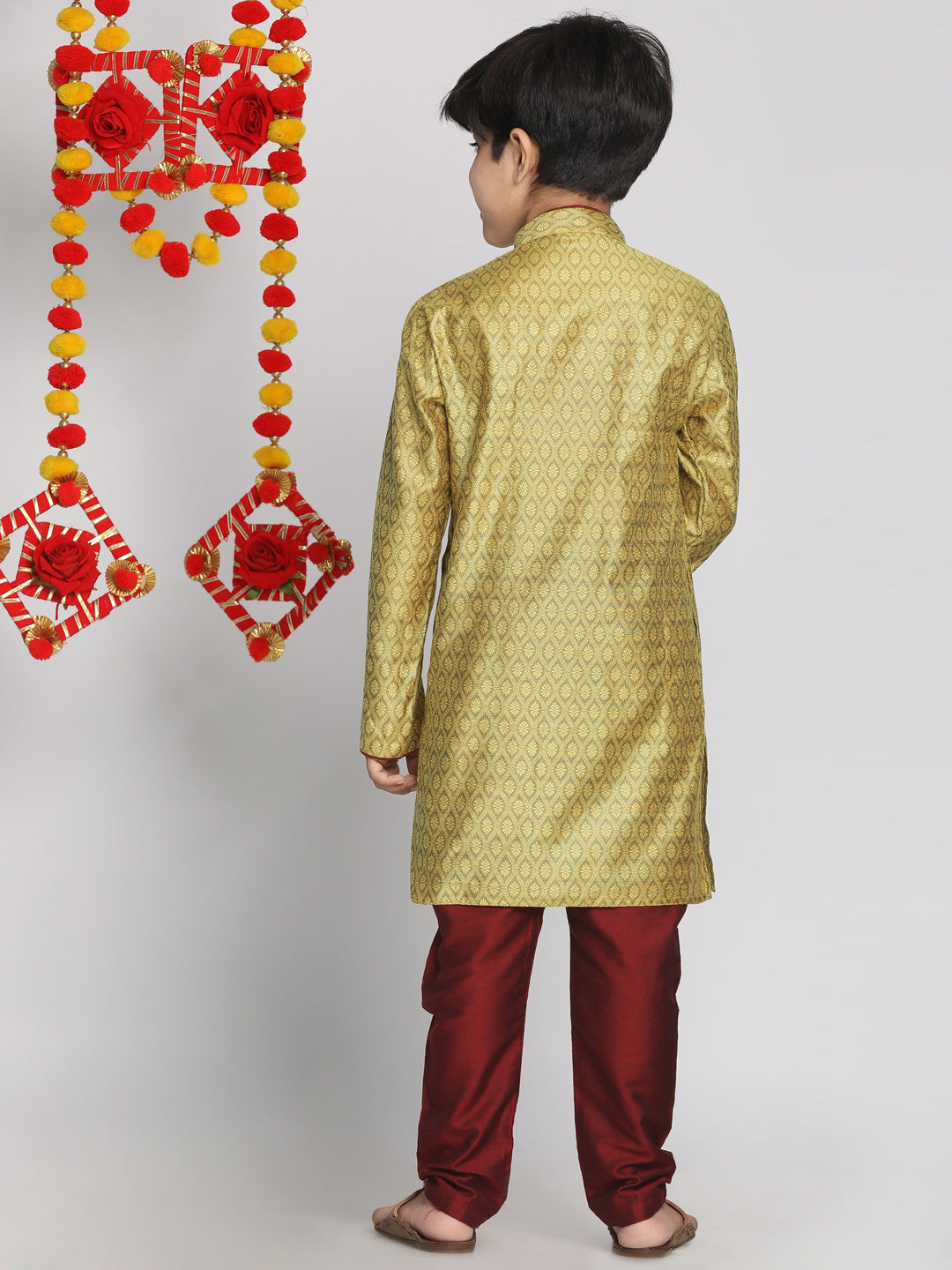 Boy's' Yellow And Maroon Jacquard Kurta Pyjama Set