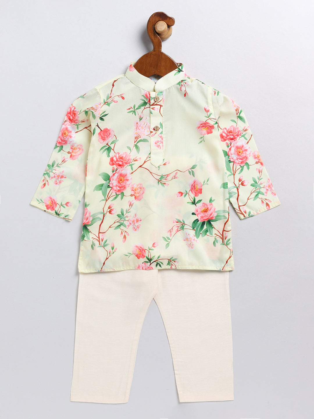 Boy's' Yellow Floral Printed Cotton Kurta Pyjama Set