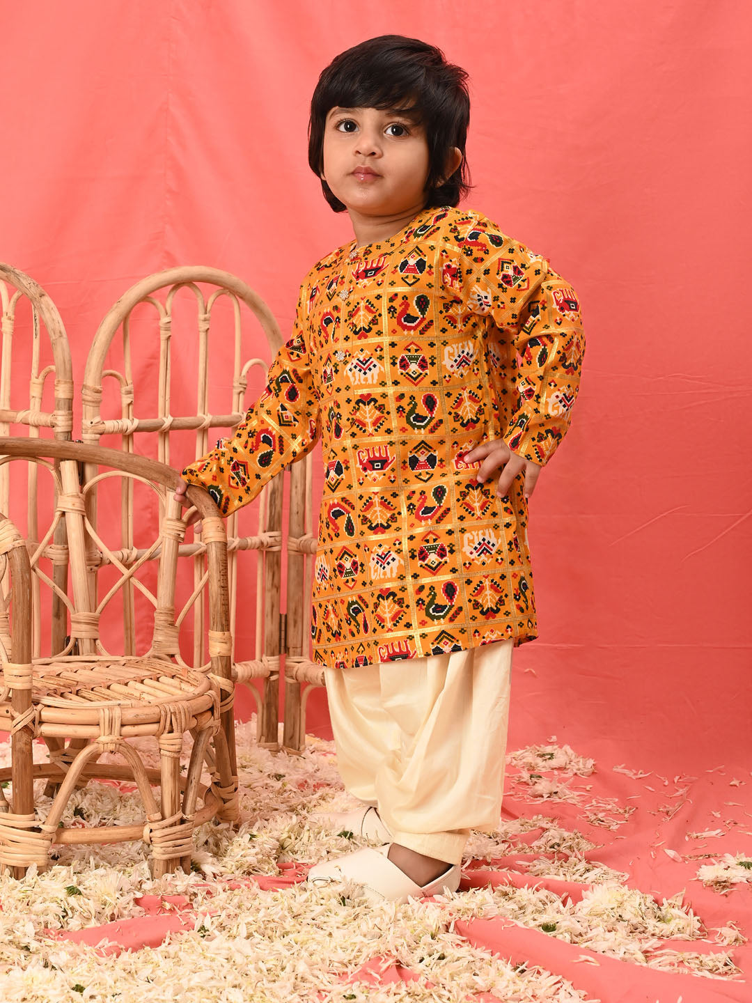 Boy's' Yellow Patola Print Festive Kurta Pyjama Set
