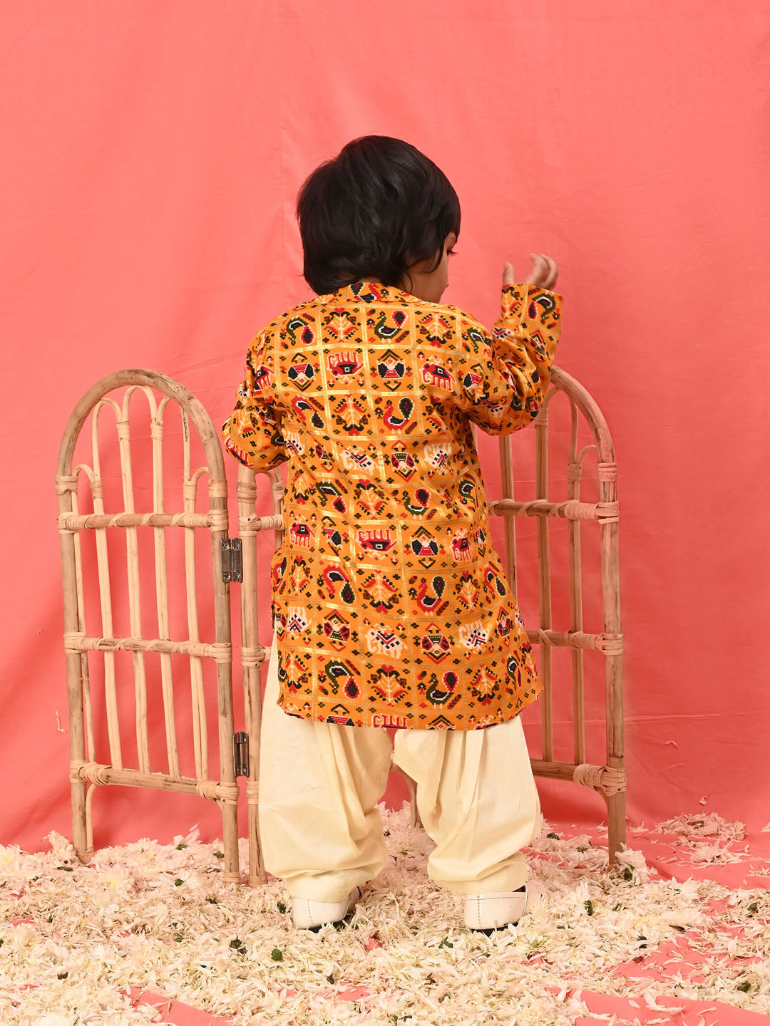 Boy's' Yellow Patola Print Festive Kurta Pyjama Set