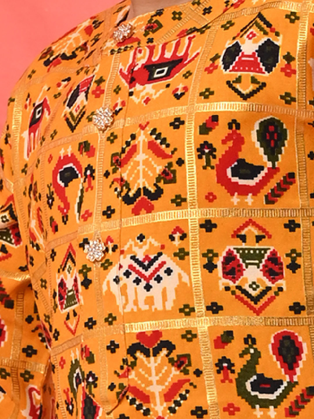 Boy's' Yellow Patola Print Festive Kurta Pyjama Set